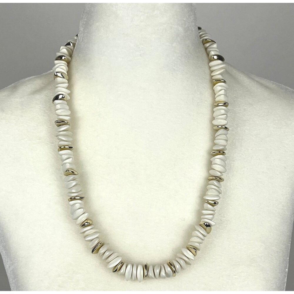 Vintage 80's White & Gold-Tone Chunky Beaded Necklace